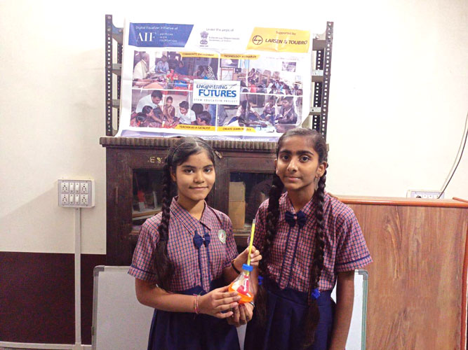 Students from Dashrath Primary School demonstrating a Working Lungs Model